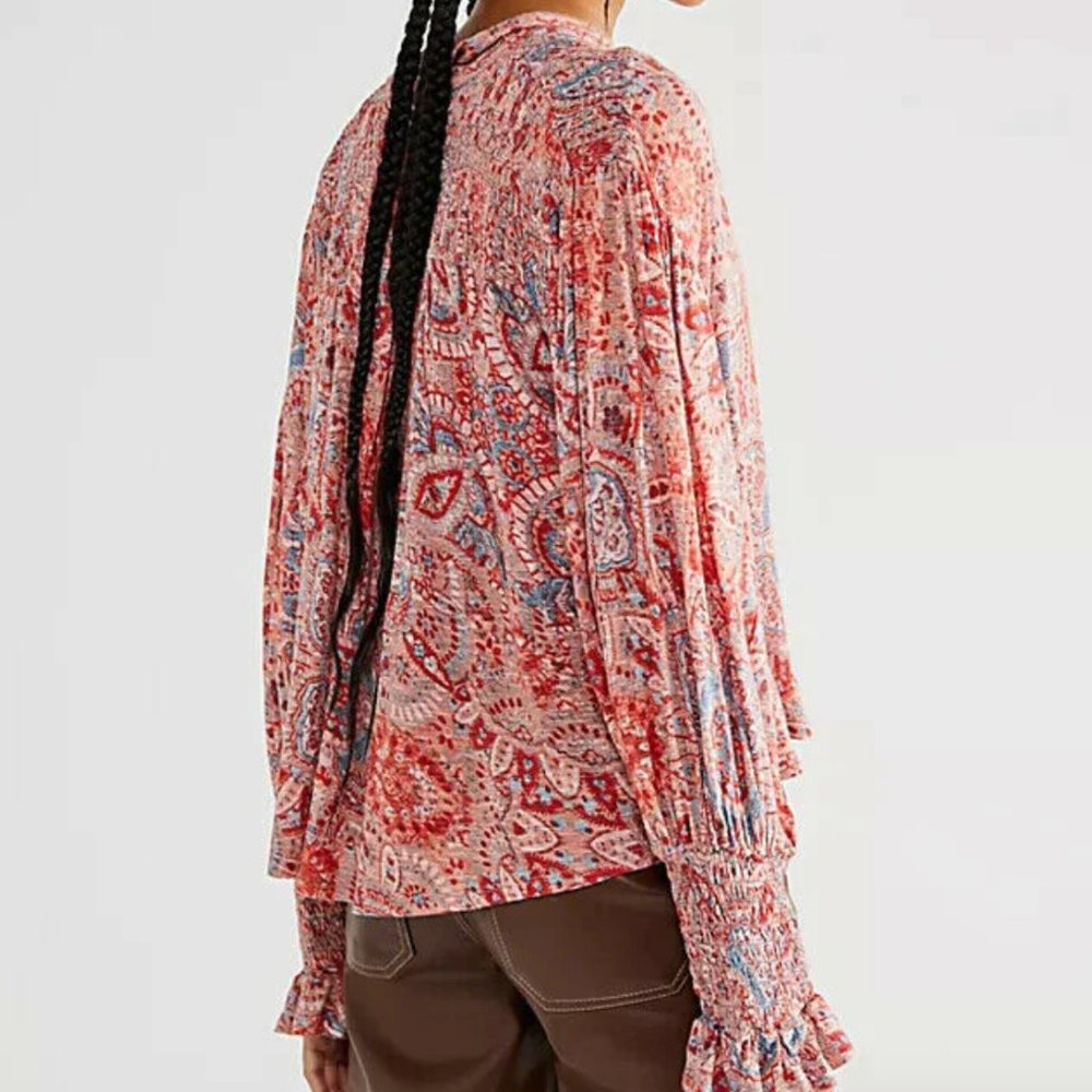 Free People Pink Floral Vista Dreams Smocked Tie V-Neck Oversized Top Blouse XS - Picture 2 of 8